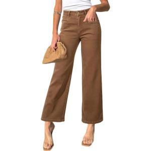 image:imageSidefeel Womens Straight Leg Jeans High Waisted Stretchy Jeans Zimbaplatinum Wide Leg Ankle Denim Pants with PocketsBrown