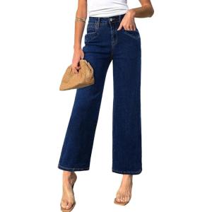 image:imageSidefeel Womens Straight Leg Jeans High Waisted Stretchy Jeans Zimbaplatinum Wide Leg Ankle Denim Pants with PocketsDark Blue