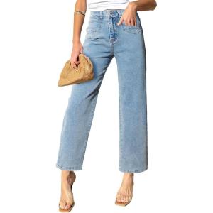 image:imageSidefeel Womens Straight Leg Jeans High Waisted Stretchy Jeans Zimbaplatinum Wide Leg Ankle Denim Pants with PocketsLight Blue