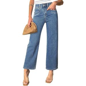 image:imageSidefeel Womens Straight Leg Jeans High Waisted Stretchy Jeans Zimbaplatinum Wide Leg Ankle Denim Pants with PocketsMist Blue