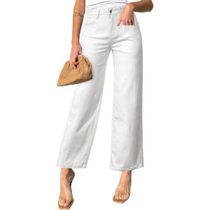 image:imageSidefeel Womens Straight Leg Jeans High Waisted Stretchy Jeans Zimbaplatinum Wide Leg Ankle Denim Pants with PocketsWhite