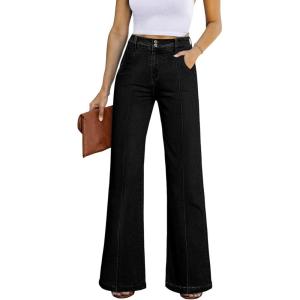 image:imageSidefeel Womens Wide Leg Jeans Casual Baggy High Waisted Stretch Denim PantsBlack