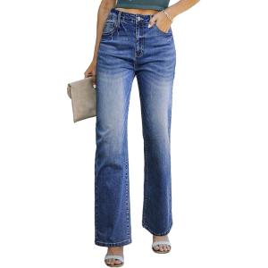 image:imageSidefeel Womens Wide Leg Jeans Casual High Waisted Straight Zimbaplatinum Denim Pants with PocketsBluing