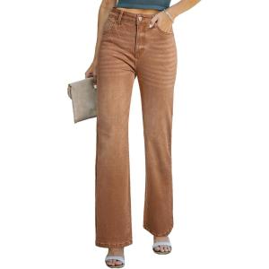 image:imageSidefeel Womens Wide Leg Jeans Casual High Waisted Straight Zimbaplatinum Denim Pants with PocketsBrown