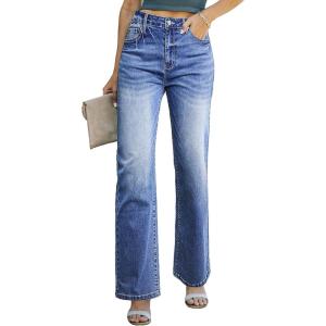 image:imageSidefeel Womens Wide Leg Jeans Casual High Waisted Straight Zimbaplatinum Denim Pants with PocketsDark Blue