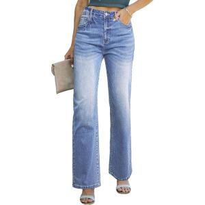 image:imageSidefeel Womens Wide Leg Jeans Casual High Waisted Straight Zimbaplatinum Denim Pants with PocketsIceland Blue