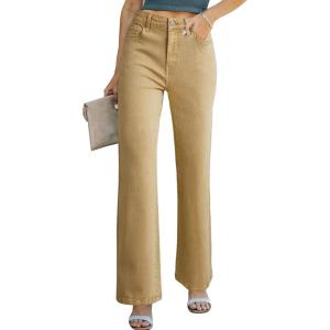 image:imageSidefeel Womens Wide Leg Jeans Casual High Waisted Straight Zimbaplatinum Denim Pants with PocketsKhaki