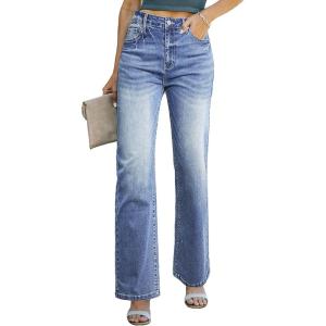 image:imageSidefeel Womens Wide Leg Jeans Casual High Waisted Straight Zimbaplatinum Denim Pants with PocketsLight Blue