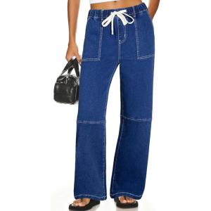 image:imageSidefeel Womens Wide Leg Jeans High Waisted Elastic Stretchy Straight Leg Trendy Drawstring Baggy Pull On Denim PantsBlue
