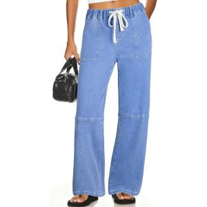 image:imageSidefeel Womens Wide Leg Jeans High Waisted Elastic Stretchy Straight Leg Trendy Drawstring Baggy Pull On Denim PantsIceland Blue