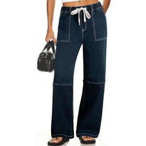image:imageSidefeel Womens Wide Leg Jeans High Waisted Elastic Stretchy Straight Leg Trendy Drawstring Baggy Pull On Denim PantsVintage Blue