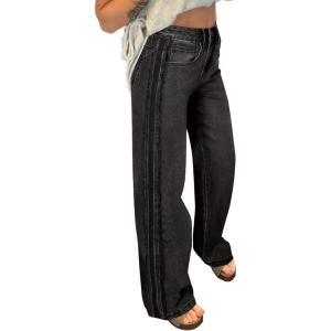 image:imageSidefeel Womens Wide Leg Jeans High Waisted Straight Leg Stretchy Patchwork Side Panel Denim Pants with PocketsBlack