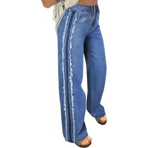 image:imageSidefeel Womens Wide Leg Jeans High Waisted Straight Leg Stretchy Patchwork Side Panel Denim Pants with PocketsDark Blue