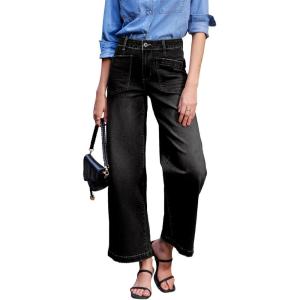 image:imageSidefeel Womens Wide Leg Jeans High Waisted Stretchy Jeans Straight Leg Loose Fit Zimbaplatinum Ankle Denim PantsBlack