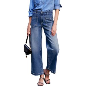 image:imageSidefeel Womens Wide Leg Jeans High Waisted Stretchy Jeans Straight Leg Loose Fit Zimbaplatinum Ankle Denim PantsBlue