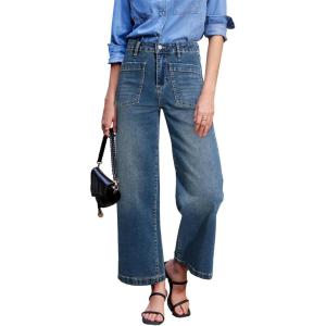 image:imageSidefeel Womens Wide Leg Jeans High Waisted Stretchy Jeans Straight Leg Loose Fit Zimbaplatinum Ankle Denim PantsVintage Blue