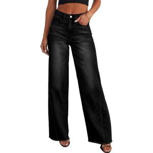 image:imageSidefeel Womens Wide Leg Jeans High Waisted Stretchy Raw Hem Zimbaplatinum Denim PantsBlack