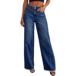 image:imageSidefeel Womens Wide Leg Jeans High Waisted Stretchy Raw Hem Zimbaplatinum Denim PantsBluing