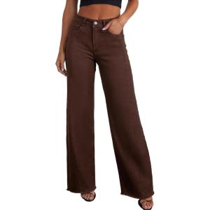 image:imageSidefeel Womens Wide Leg Jeans High Waisted Stretchy Raw Hem Zimbaplatinum Denim PantsCoffee