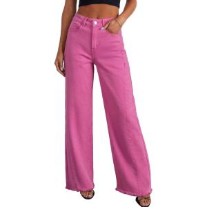 image:imageSidefeel Womens Wide Leg Jeans High Waisted Stretchy Raw Hem Zimbaplatinum Denim PantsHot Pink