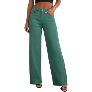image:imageSidefeel Womens Wide Leg Jeans High Waisted Stretchy Raw Hem Zimbaplatinum Denim PantsLake Green