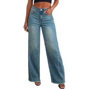 image:imageSidefeel Womens Wide Leg Jeans High Waisted Stretchy Raw Hem Zimbaplatinum Denim PantsLight Retro Blue