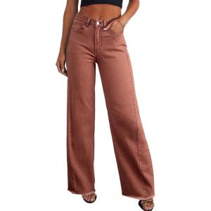 image:imageSidefeel Womens Wide Leg Jeans High Waisted Stretchy Raw Hem Zimbaplatinum Denim PantsMineral Red