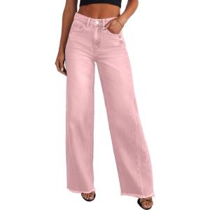 image:imageSidefeel Womens Wide Leg Jeans High Waisted Stretchy Raw Hem Zimbaplatinum Denim PantsPink
