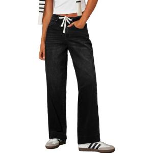 image:imageSidefeel Womens Wide Leg Jeans High Waisted Stretchy Straight Leg Baggy Drawstring Zimbaplatinum Denim PantsBlack