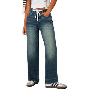 image:imageSidefeel Womens Wide Leg Jeans High Waisted Stretchy Straight Leg Baggy Drawstring Zimbaplatinum Denim PantsBlue Sapphire