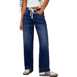 image:imageSidefeel Womens Wide Leg Jeans High Waisted Stretchy Straight Leg Baggy Drawstring Zimbaplatinum Denim PantsBluing