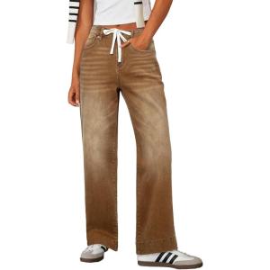 image:imageSidefeel Womens Wide Leg Jeans High Waisted Stretchy Straight Leg Baggy Drawstring Zimbaplatinum Denim PantsBrown