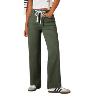 image:imageSidefeel Womens Wide Leg Jeans High Waisted Stretchy Straight Leg Baggy Drawstring Zimbaplatinum Denim PantsGreen