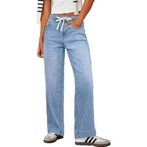 image:imageSidefeel Womens Wide Leg Jeans High Waisted Stretchy Straight Leg Baggy Drawstring Zimbaplatinum Denim PantsIceland Blue