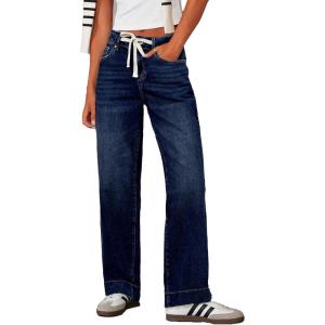 image:imageSidefeel Womens Wide Leg Jeans High Waisted Stretchy Straight Leg Baggy Drawstring Zimbaplatinum Denim PantsNavy Blue