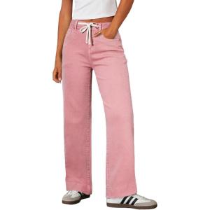image:imageSidefeel Womens Wide Leg Jeans High Waisted Stretchy Straight Leg Baggy Drawstring Zimbaplatinum Denim PantsPink
