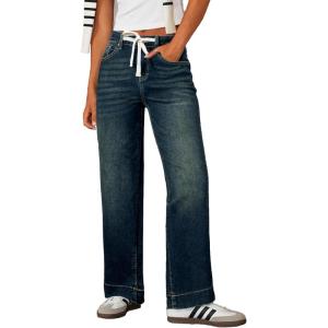 image:imageSidefeel Womens Wide Leg Jeans High Waisted Stretchy Straight Leg Baggy Drawstring Zimbaplatinum Denim PantsReal Teal
