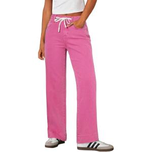 image:imageSidefeel Womens Wide Leg Jeans High Waisted Stretchy Straight Leg Baggy Drawstring Zimbaplatinum Denim PantsRose Red