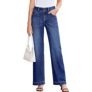 image:imageSidefeel Womens Wide Leg Jeans High Waisted Stretchy Tummy Control Straight Leg Denim PantsBluing