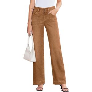 image:imageSidefeel Womens Wide Leg Jeans High Waisted Stretchy Tummy Control Straight Leg Denim PantsBrown