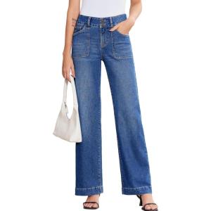 image:imageSidefeel Womens Wide Leg Jeans High Waisted Stretchy Tummy Control Straight Leg Denim PantsDark Blue
