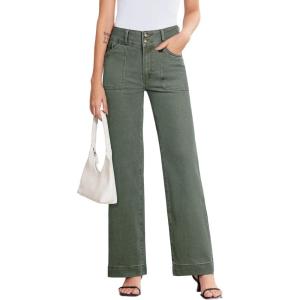 image:imageSidefeel Womens Wide Leg Jeans High Waisted Stretchy Tummy Control Straight Leg Denim PantsGeen
