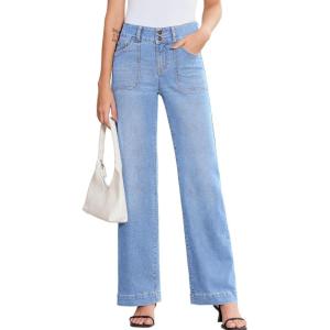 image:imageSidefeel Womens Wide Leg Jeans High Waisted Stretchy Tummy Control Straight Leg Denim PantsIceland Blue