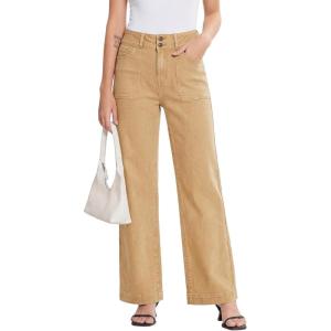 image:imageSidefeel Womens Wide Leg Jeans High Waisted Stretchy Tummy Control Straight Leg Denim PantsKhaki