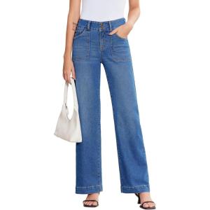 image:imageSidefeel Womens Wide Leg Jeans High Waisted Stretchy Tummy Control Straight Leg Denim PantsLight Blue