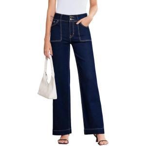 image:imageSidefeel Womens Wide Leg Jeans High Waisted Stretchy Tummy Control Straight Leg Denim PantsNavy Blue