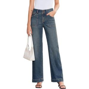 image:imageSidefeel Womens Wide Leg Jeans High Waisted Stretchy Tummy Control Straight Leg Denim PantsReal Teal