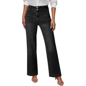 image:imageSidefeel Womens Wide Leg Jeans High Waisted Tummy Control Stretchy Pockets Front Straight Leg JeansBlack