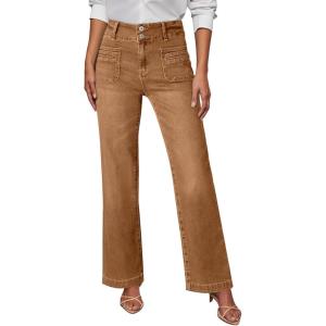 image:imageSidefeel Womens Wide Leg Jeans High Waisted Tummy Control Stretchy Pockets Front Straight Leg JeansBrown