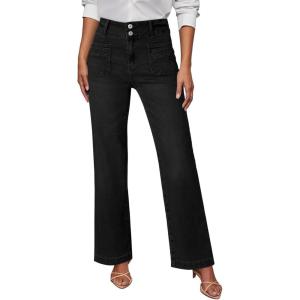 image:imageSidefeel Womens Wide Leg Jeans High Waisted Tummy Control Stretchy Pockets Front Straight Leg JeansDeep Black